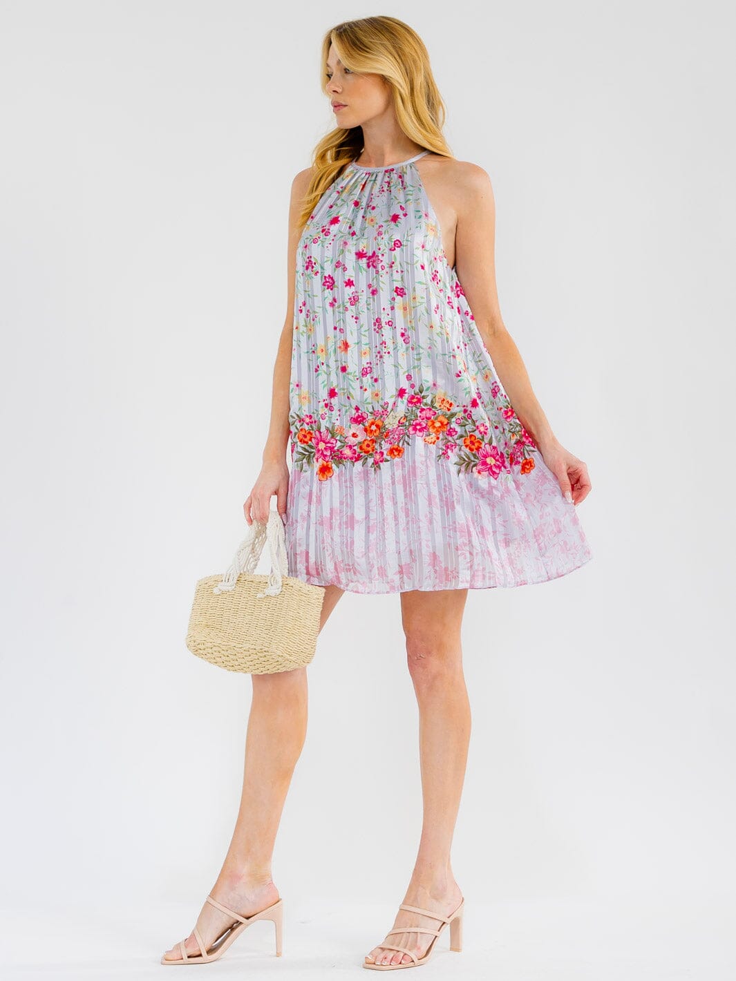 WOMEN'S SLEEVELESS HALTER NECK FLORAL PRINT MINI DRESS