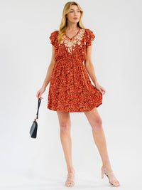 WOMEN'S SHORT RUFFLE SLEEVE V-NECK FLORAL EMBROIDERY ELASTIC WAIST MINI DRESS