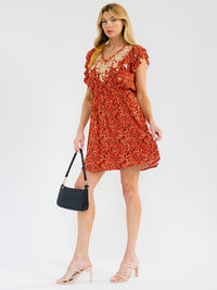 WOMEN'S SHORT RUFFLE SLEEVE V-NECK FLORAL EMBROIDERY ELASTIC WAIST MINI DRESS