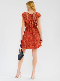 WOMEN'S SHORT RUFFLE SLEEVE V-NECK FLORAL EMBROIDERY ELASTIC WAIST MINI DRESS