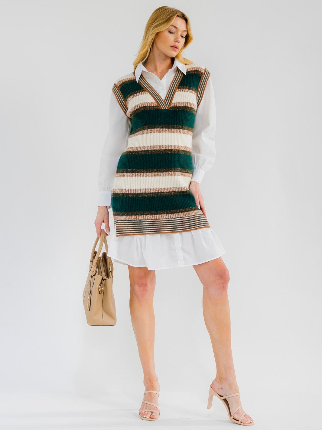 WOMEN'S LONG SLEEVE V-NECK COLORBLOCK CONTRAST SWEATER MINI DRESS