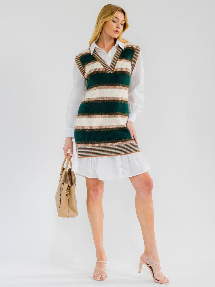 WOMEN'S LONG SLEEVE V-NECK COLORBLOCK CONTRAST SWEATER MINI DRESS