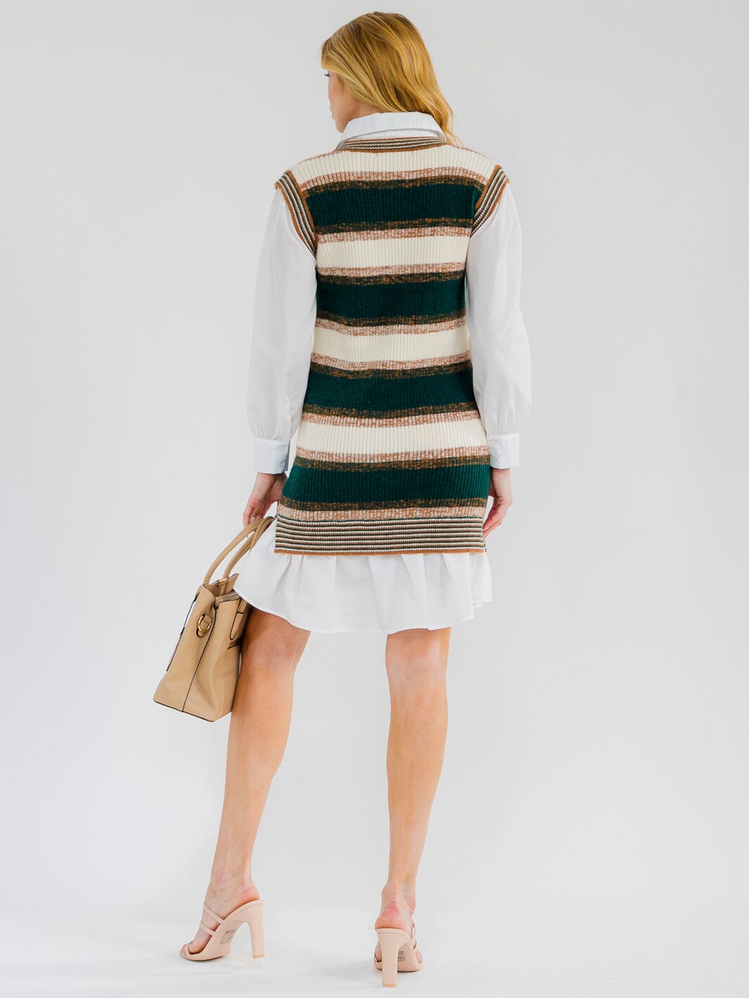 WOMEN'S LONG SLEEVE V-NECK COLORBLOCK CONTRAST SWEATER MINI DRESS