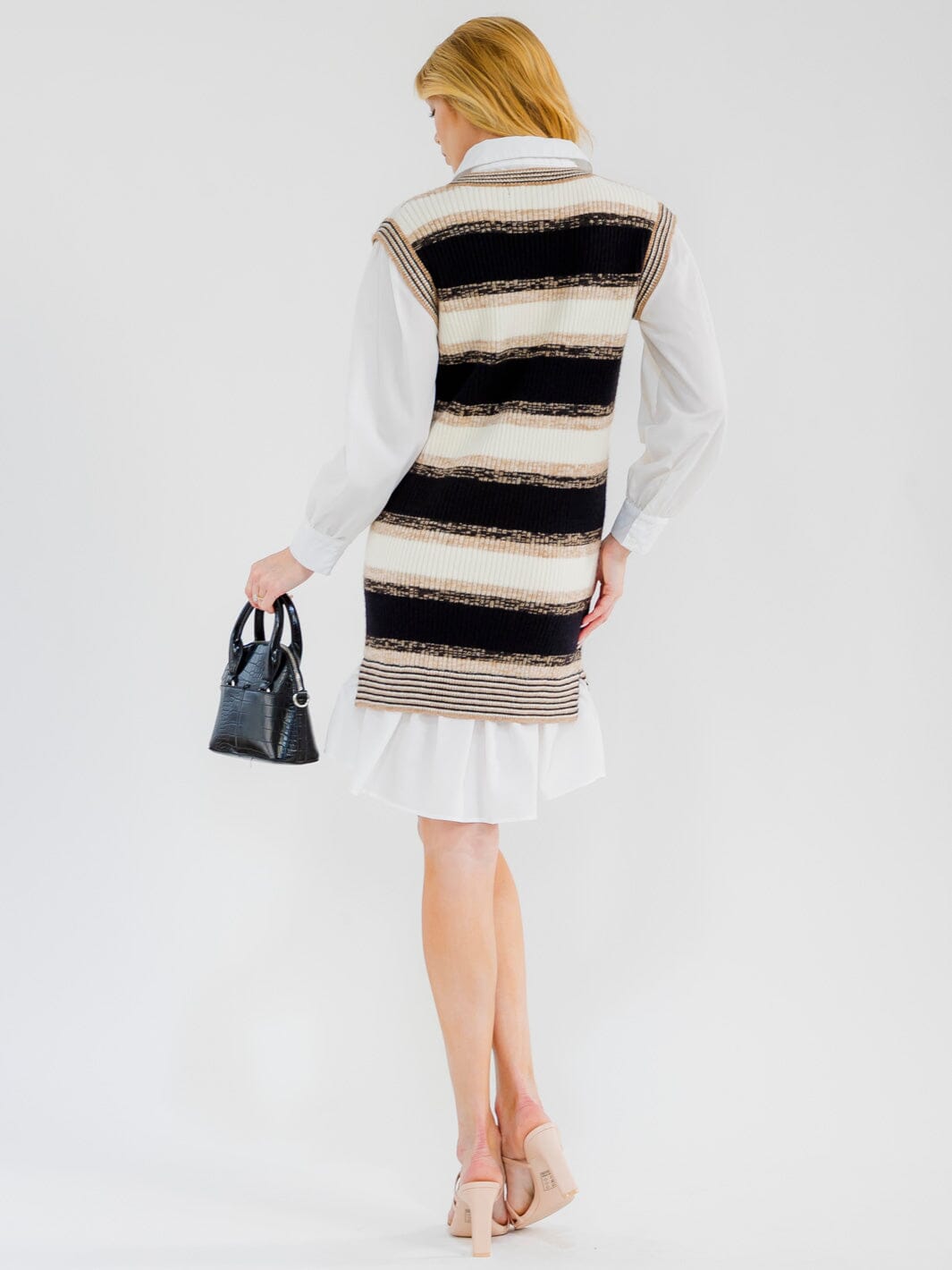 WOMEN'S LONG SLEEVE V-NECK COLORBLOCK CONTRAST SWEATER MINI DRESS