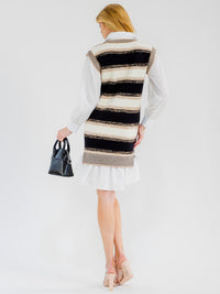 WOMEN'S LONG SLEEVE V-NECK COLORBLOCK CONTRAST SWEATER MINI DRESS