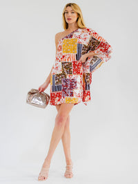 WOMEN'S ONE SHOULDER MULTI PRINT MINI DRESS
