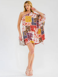 WOMEN'S ONE SHOULDER MULTI PRINT MINI DRESS