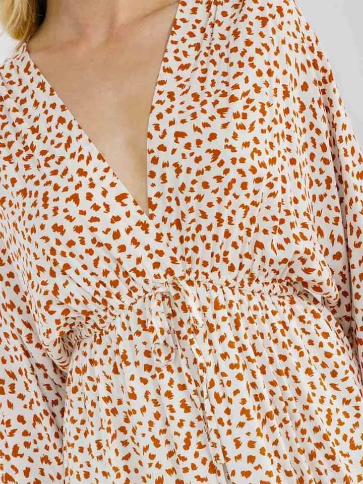 WOMEN'S LONG SLEEVE V-NECK ELASTIC WAIST ANIMAL PRINT MINI DRESS