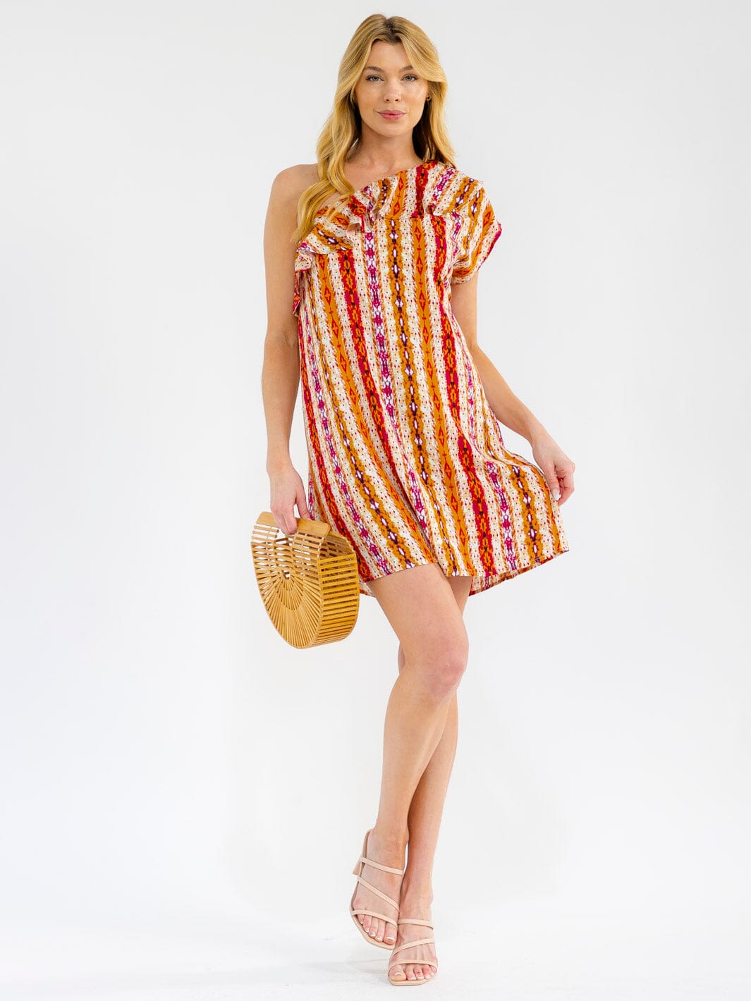 WOMEN'S ONE SHOULDER RUFFLE MULTI PRINT MINI DRESS