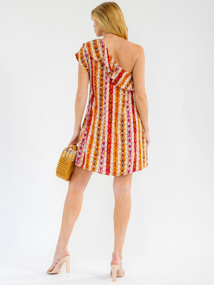 WOMEN'S ONE SHOULDER RUFFLE MULTI PRINT MINI DRESS