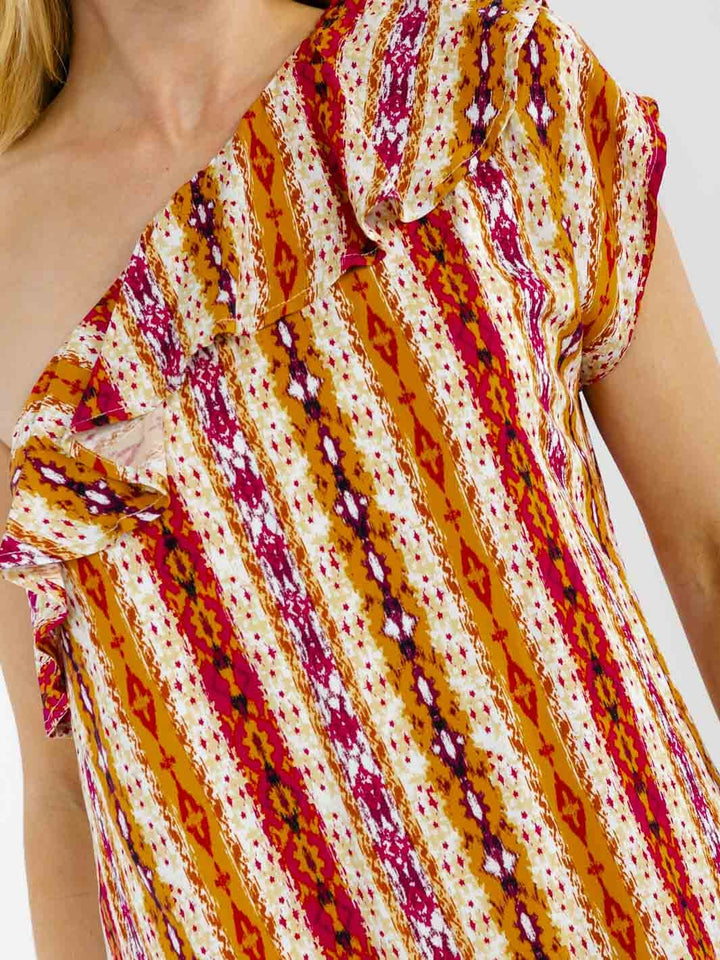 WOMEN'S ONE SHOULDER RUFFLE MULTI PRINT MINI DRESS