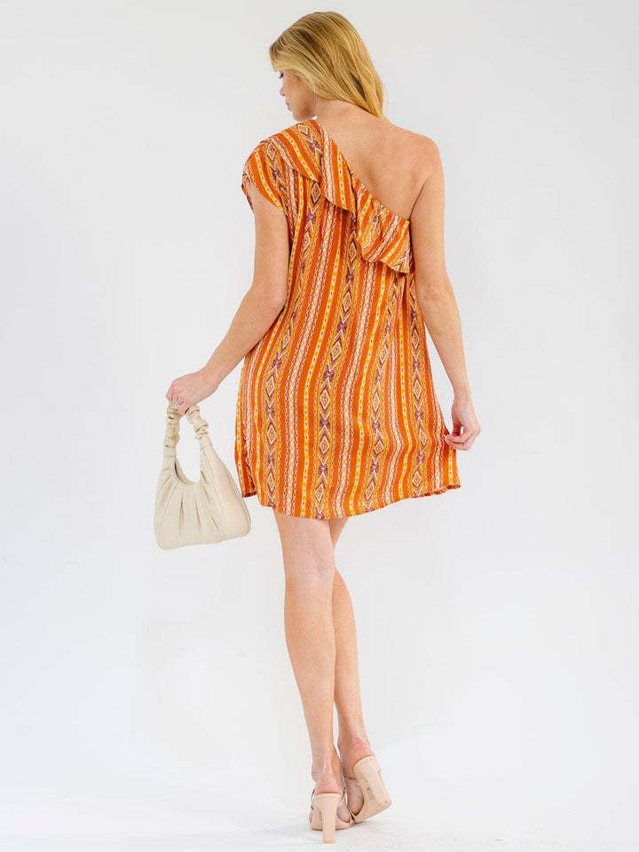 WOMEN'S ONE SHOULDER RUFFLE MULTI PRINT MINI DRESS