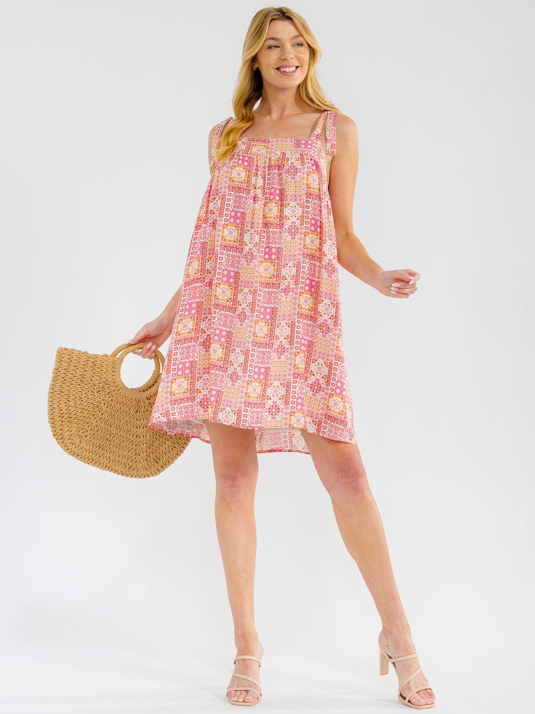 WOMEN'S SLEEVELESS SQUARE NECK MULTI PRINT MINI DRESS