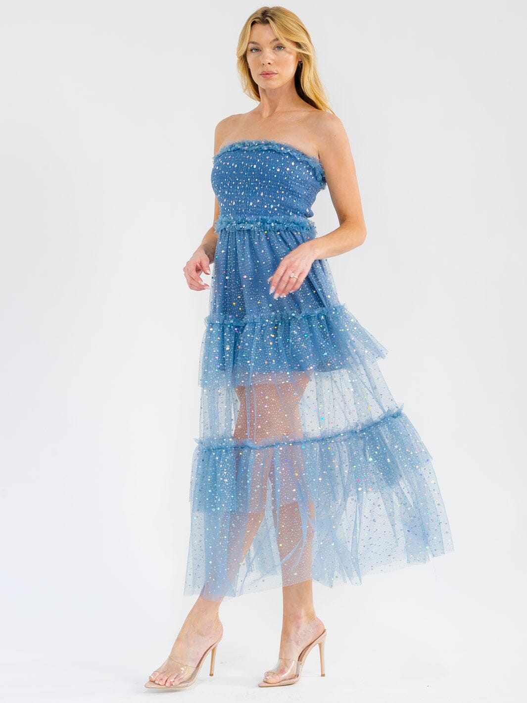 WOMEN'S SLEEVELESS SMOCK TIERED RUFFLE SEQUINS TUBE MAXI DRESS