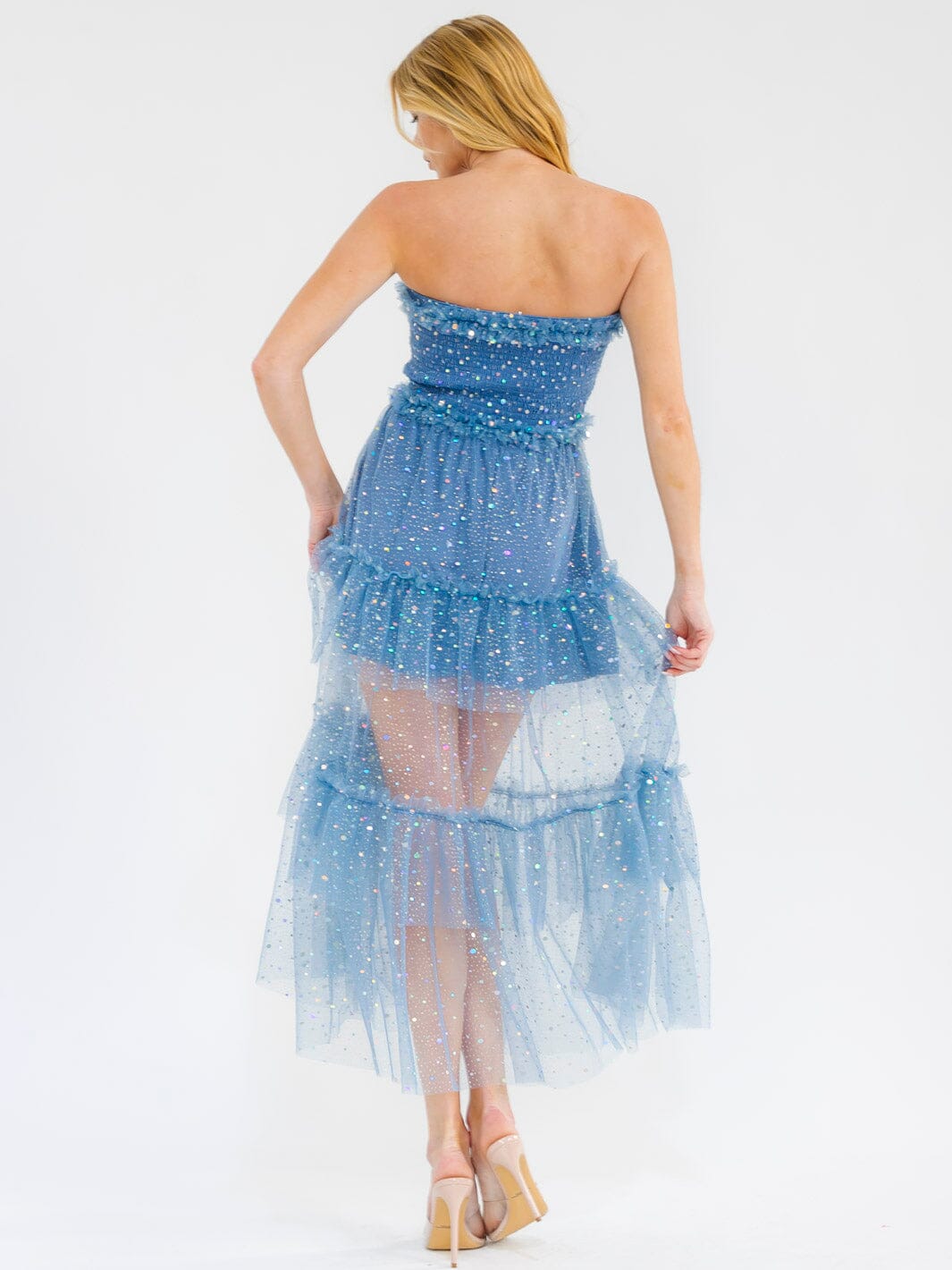 WOMEN'S SLEEVELESS SMOCK TIERED RUFFLE SEQUINS TUBE MAXI DRESS