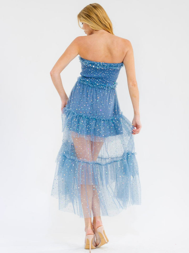 WOMEN'S SLEEVELESS SMOCK TIERED RUFFLE SEQUINS TUBE MAXI DRESS