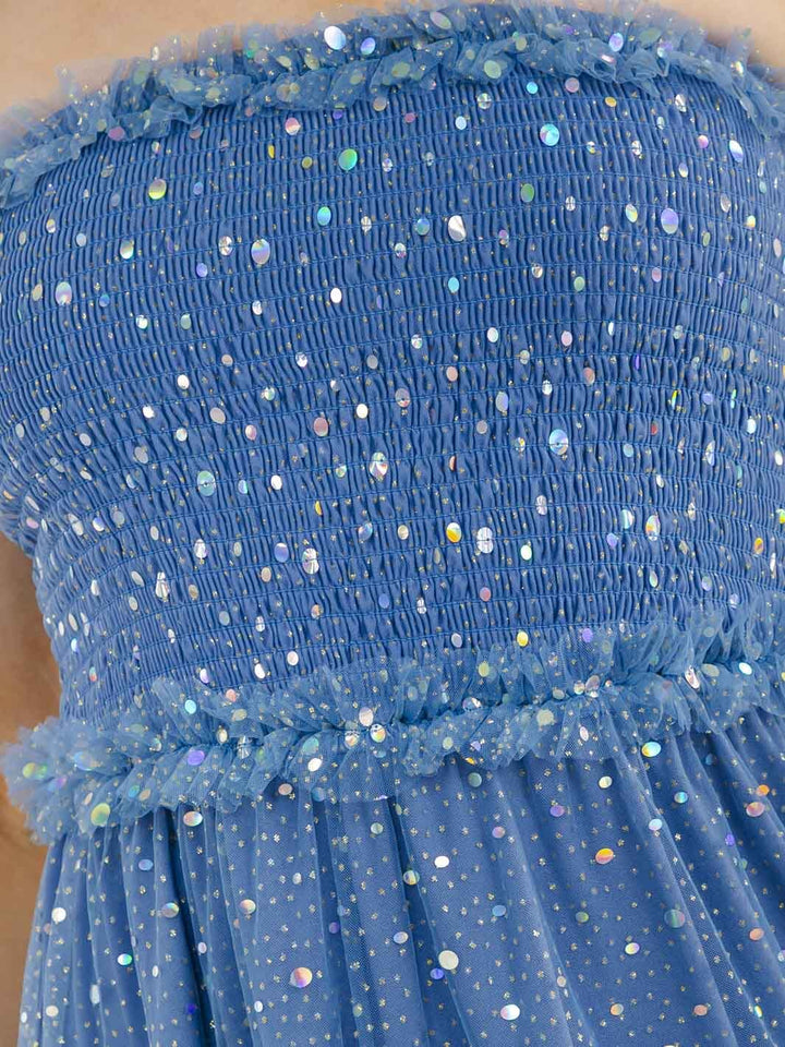 WOMEN'S SLEEVELESS SMOCK TIERED RUFFLE SEQUINS TUBE MAXI DRESS