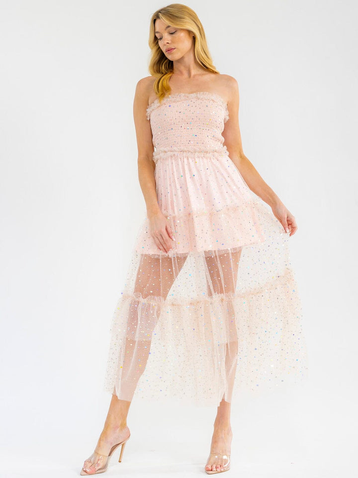 WOMEN'S SLEEVELESS SMOCK TIERED RUFFLE SEQUINS TUBE MAXI DRESS