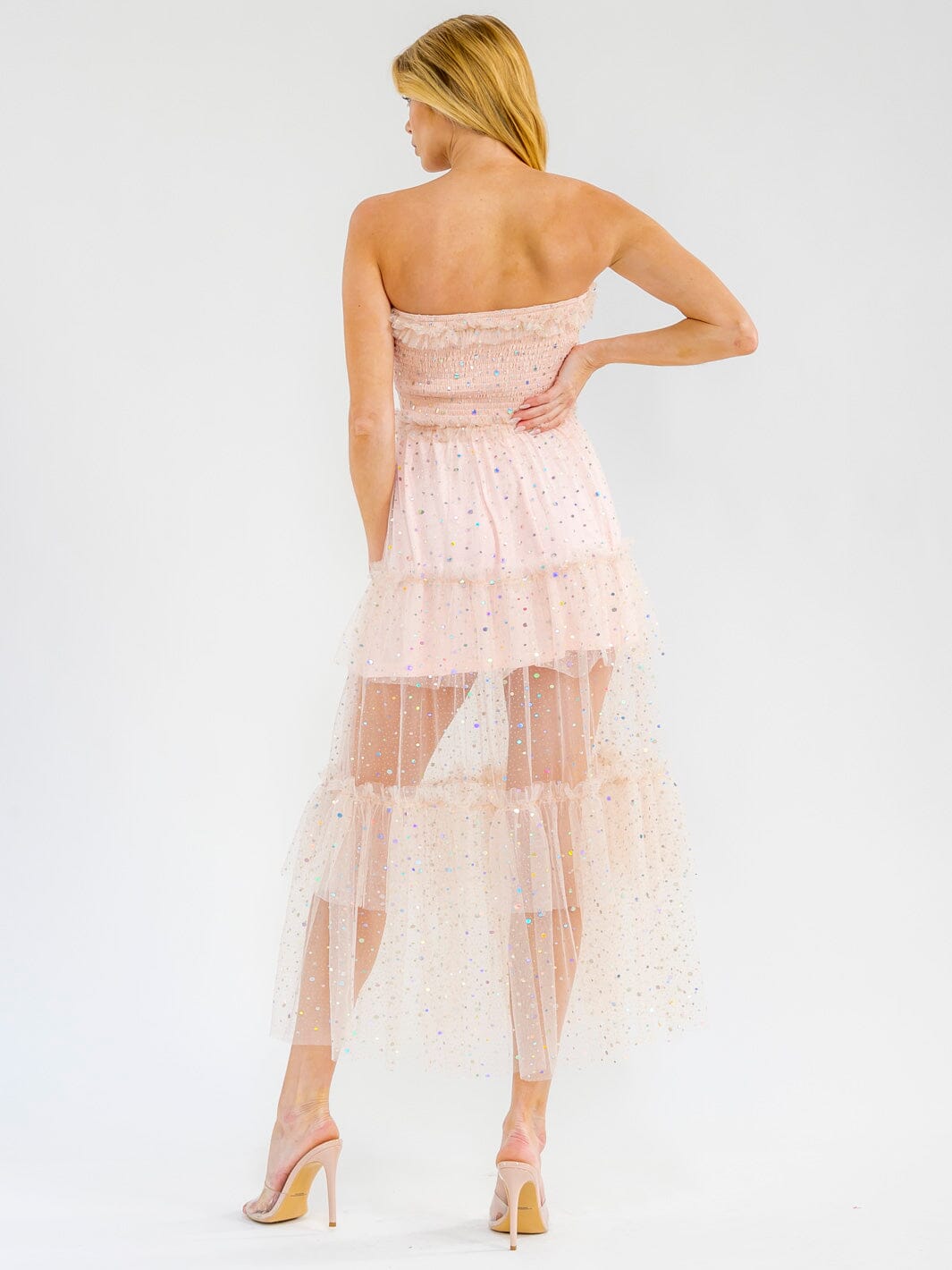 WOMEN'S SLEEVELESS SMOCK TIERED RUFFLE SEQUINS TUBE MAXI DRESS PINK / 2S-2M-2L WOMEN'S SLEEVELESS SMOCK TIERED RUFFLE SEQUINS TUBE MAXI DRESS PINK / 2S-2M-2L