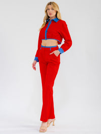 WOMEN'S LONG SLEEVE CROP TOP & BUTTON CLOSURE PANTS STRIPES CONTRAST 2PC. SET