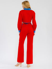 WOMEN'S LONG SLEEVE CROP TOP & BUTTON CLOSURE PANTS STRIPES CONTRAST 2PC. SET