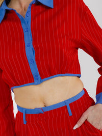 WOMEN'S LONG SLEEVE CROP TOP & BUTTON CLOSURE PANTS STRIPES CONTRAST 2PC. SET