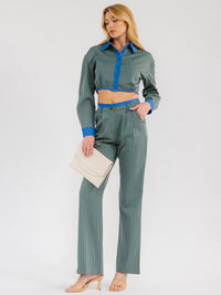 WOMEN'S LONG SLEEVE CROP TOP & BUTTON CLOSURE PANTS STRIPES CONTRAST 2PC. SET