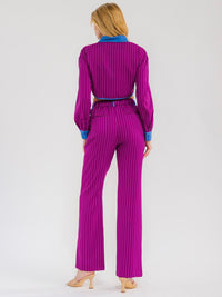 WOMEN'S LONG SLEEVE CROP TOP & BUTTON CLOSURE PANTS STRIPES CONTRAST 2PC. SET
