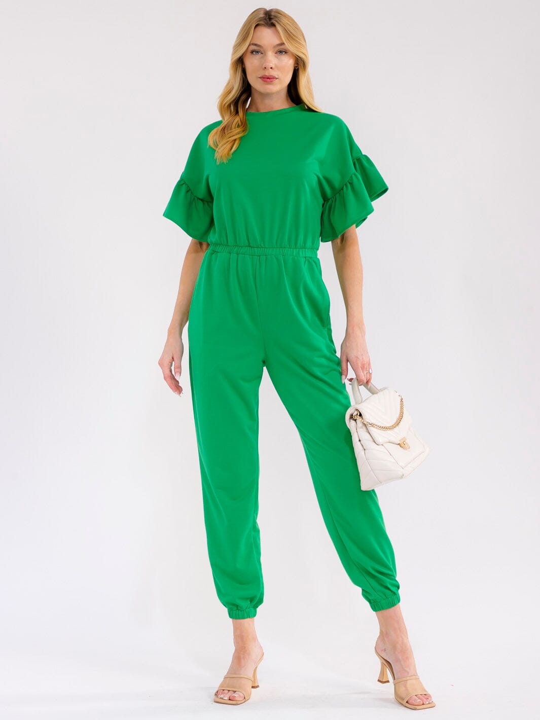 WOMEN'S SHORT RUFFLE SLEEVES FRONT POCKETS ELASTIC WAIST JOGGER JUMPSUIT