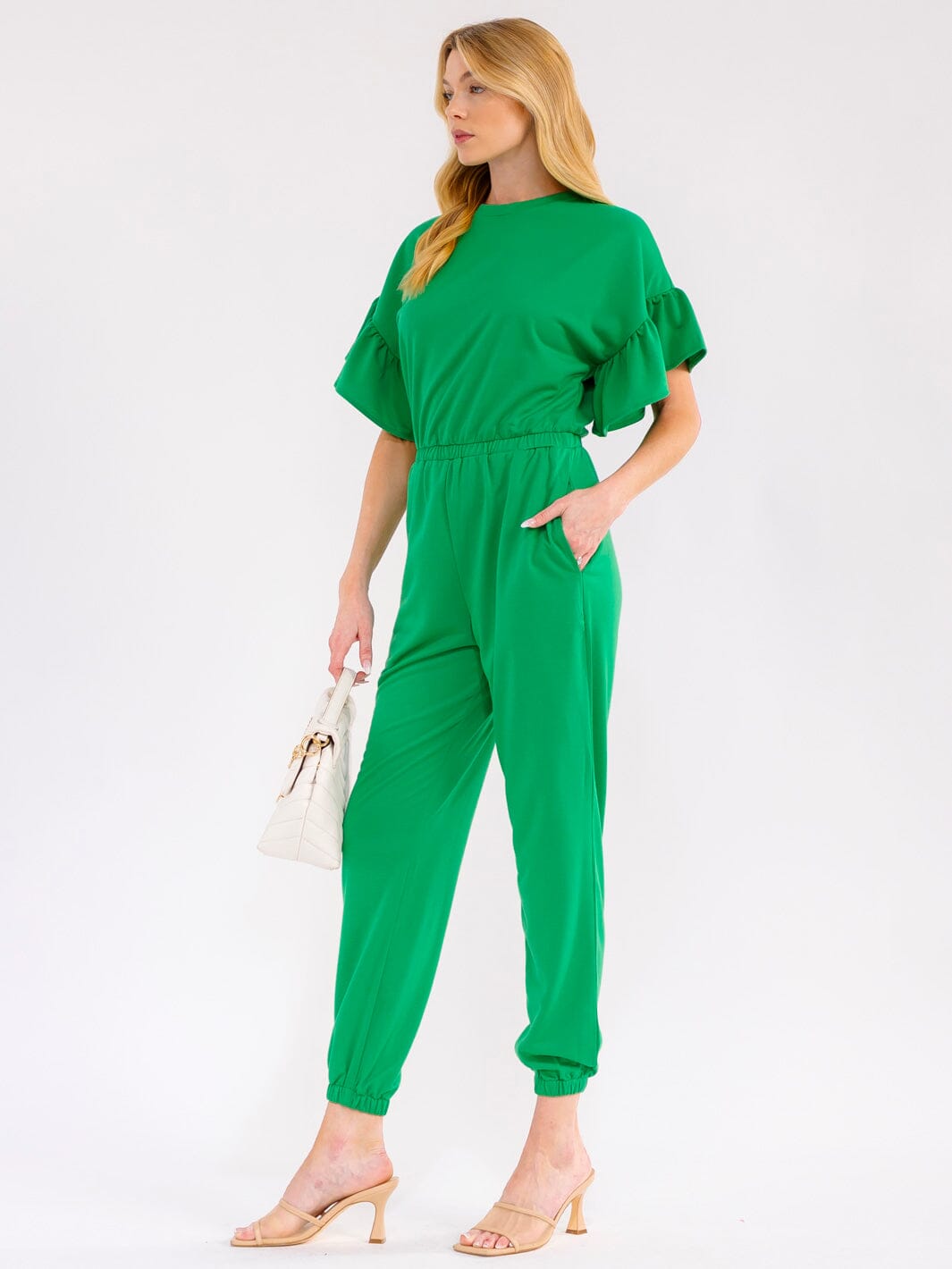 WOMEN'S SHORT RUFFLE SLEEVES FRONT POCKETS ELASTIC WAIST JOGGER JUMPSUIT