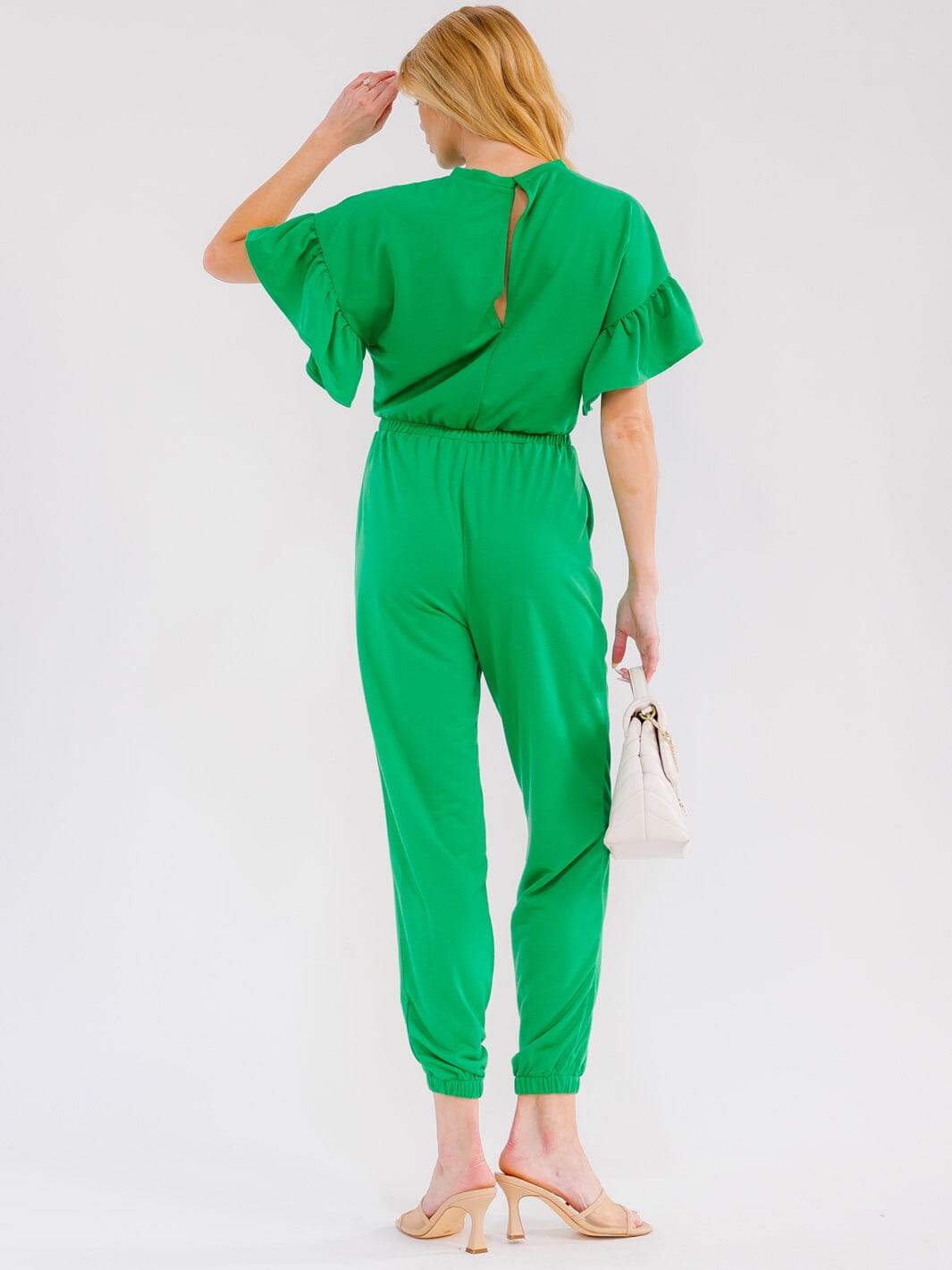 WOMEN'S SHORT RUFFLE SLEEVES FRONT POCKETS ELASTIC WAIST JOGGER JUMPSUIT