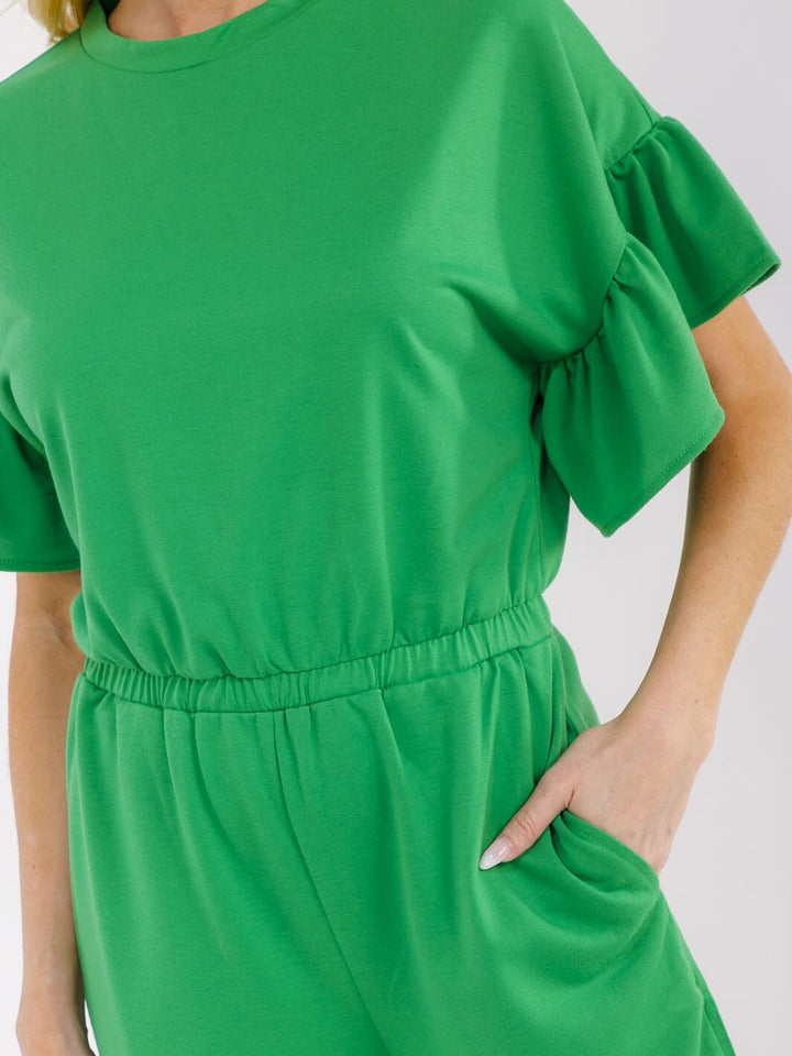 WOMEN'S SHORT RUFFLE SLEEVES FRONT POCKETS ELASTIC WAIST JOGGER JUMPSUIT