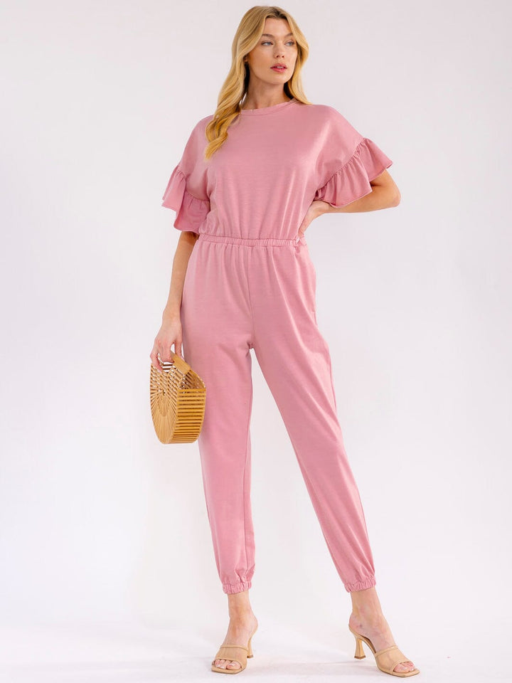 WOMEN'S SHORT RUFFLE SLEEVES FRONT POCKETS ELASTIC WAIST JOGGER JUMPSUIT