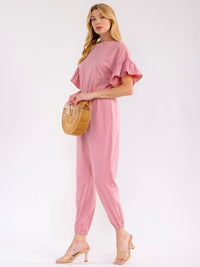 WOMEN'S SHORT RUFFLE SLEEVES FRONT POCKETS ELASTIC WAIST JOGGER JUMPSUIT