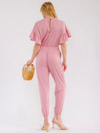 WOMEN'S SHORT RUFFLE SLEEVES FRONT POCKETS ELASTIC WAIST JOGGER JUMPSUIT
