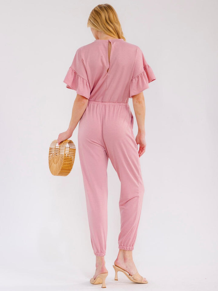 WOMEN'S SHORT RUFFLE SLEEVES FRONT POCKETS ELASTIC WAIST JOGGER JUMPSUIT