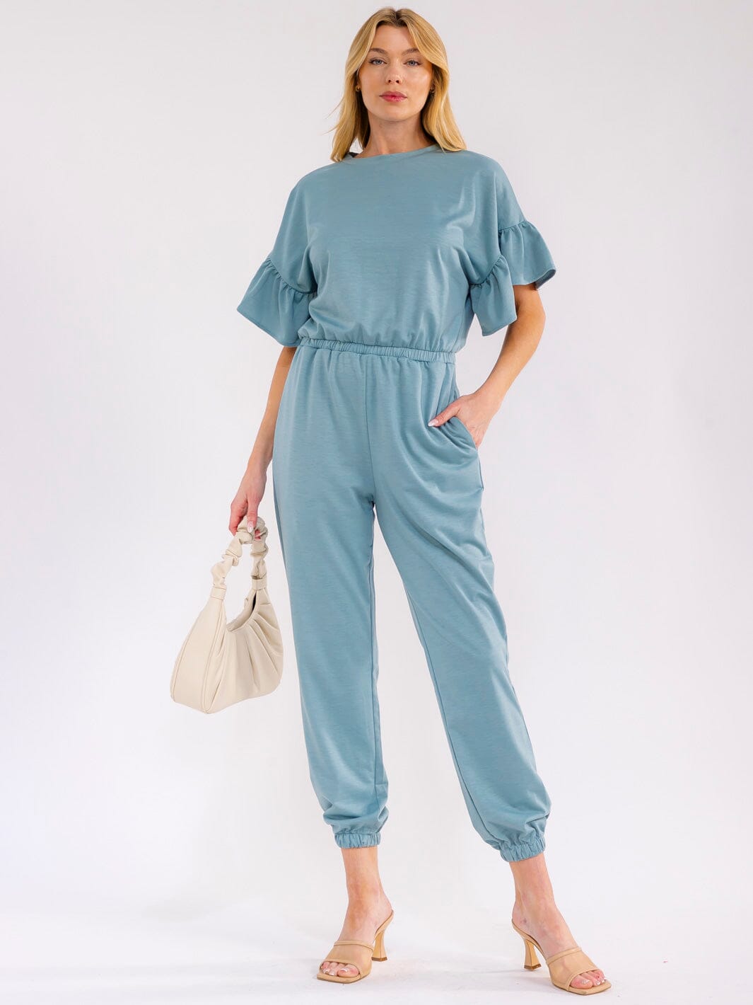 WOMEN'S SHORT RUFFLE SLEEVES FRONT POCKETS ELASTIC WAIST JOGGER JUMPSUIT