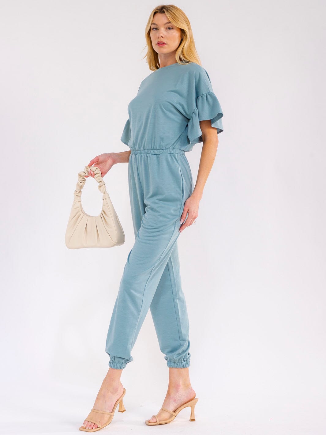 WOMEN'S SHORT RUFFLE SLEEVES FRONT POCKETS ELASTIC WAIST JOGGER JUMPSUIT