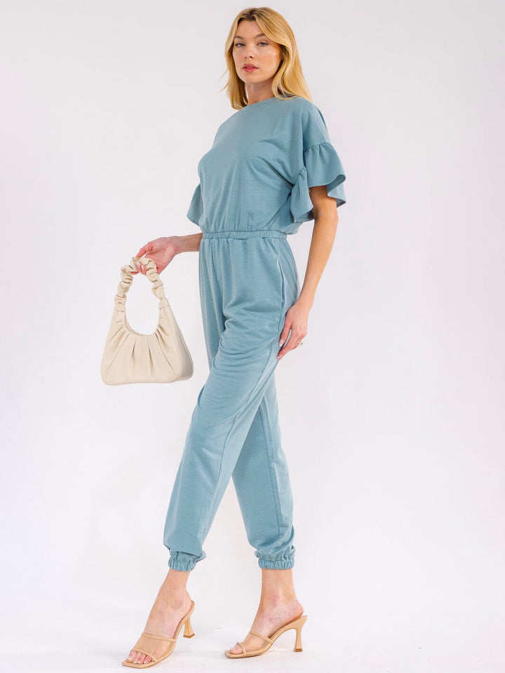 WOMEN'S SHORT RUFFLE SLEEVES FRONT POCKETS ELASTIC WAIST JOGGER JUMPSUIT