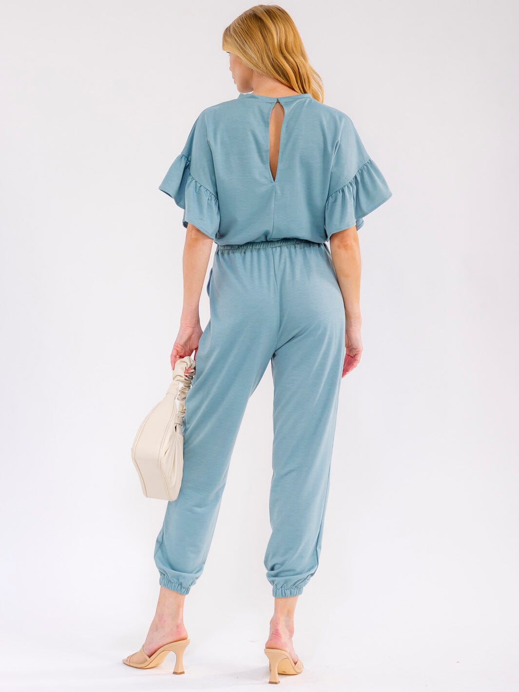 WOMEN'S SHORT RUFFLE SLEEVES FRONT POCKETS ELASTIC WAIST JOGGER JUMPSUIT