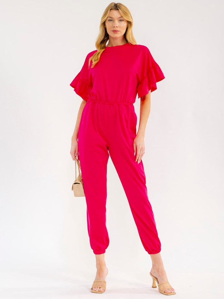 WOMEN'S SHORT RUFFLE SLEEVES FRONT POCKETS ELASTIC WAIST JOGGER JUMPSUIT