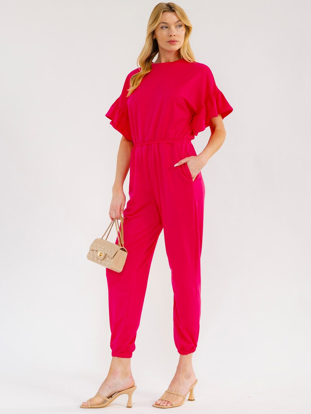 WOMEN'S SHORT RUFFLE SLEEVES FRONT POCKETS ELASTIC WAIST JOGGER JUMPSUIT