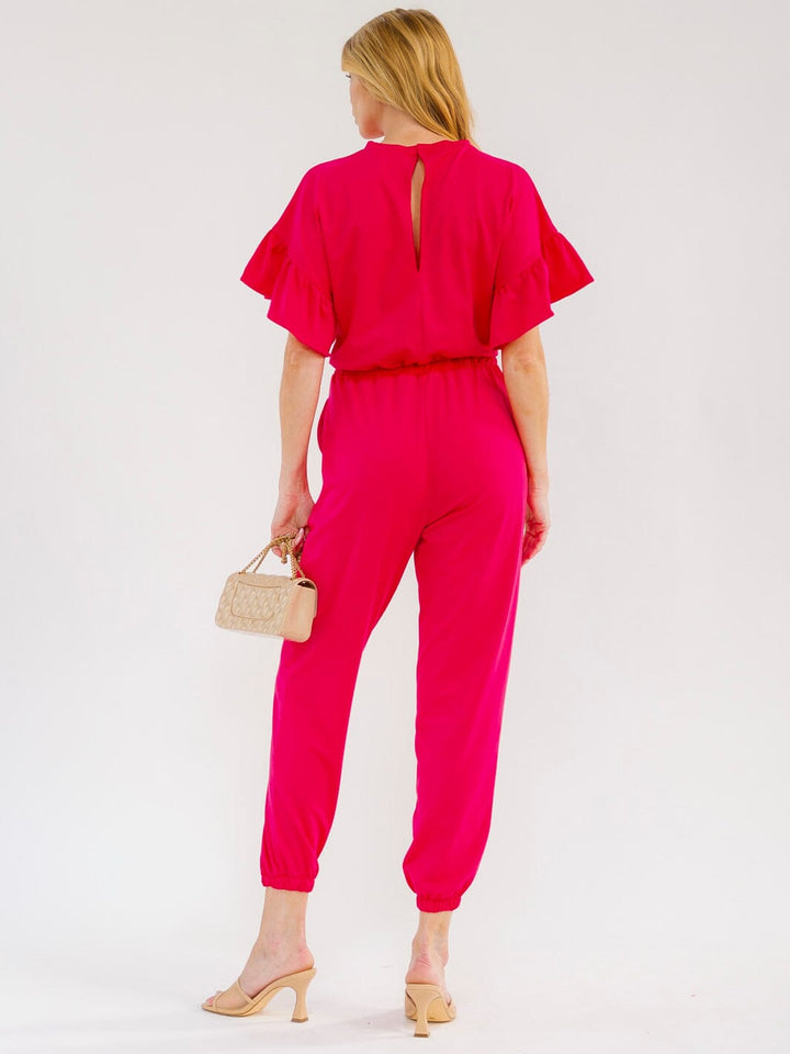 WOMEN'S SHORT RUFFLE SLEEVES FRONT POCKETS ELASTIC WAIST JOGGER JUMPSUIT