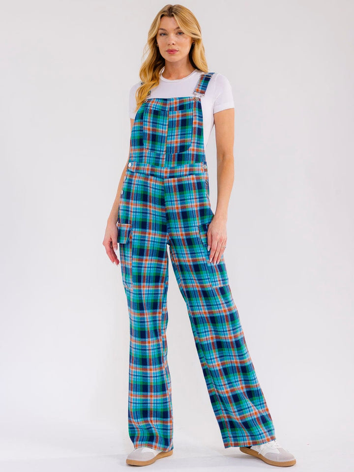 WOMEN'S SLEEVELESS POCKETS PLAID STARIGHT LEG OVERALL