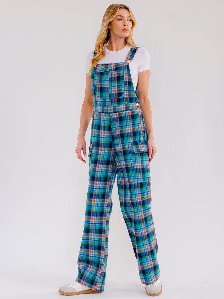 WOMEN'S SLEEVELESS POCKETS PLAID STARIGHT LEG OVERALL