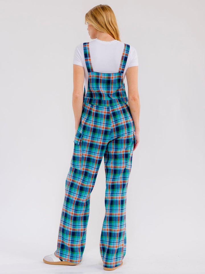 WOMEN'S SLEEVELESS POCKETS PLAID STARIGHT LEG OVERALL