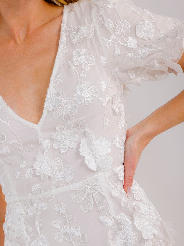 WOMEN'S SHORT PUFF SLEEVE V-NECK FLORAL BODYCON MINI DRESS