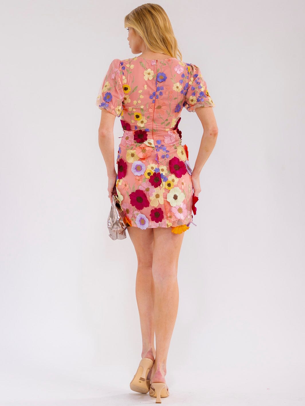 WOMEN'S SHORT PUFF SLEEVE V-NECK MULTI FLORAL BODYCON MINI DRESS