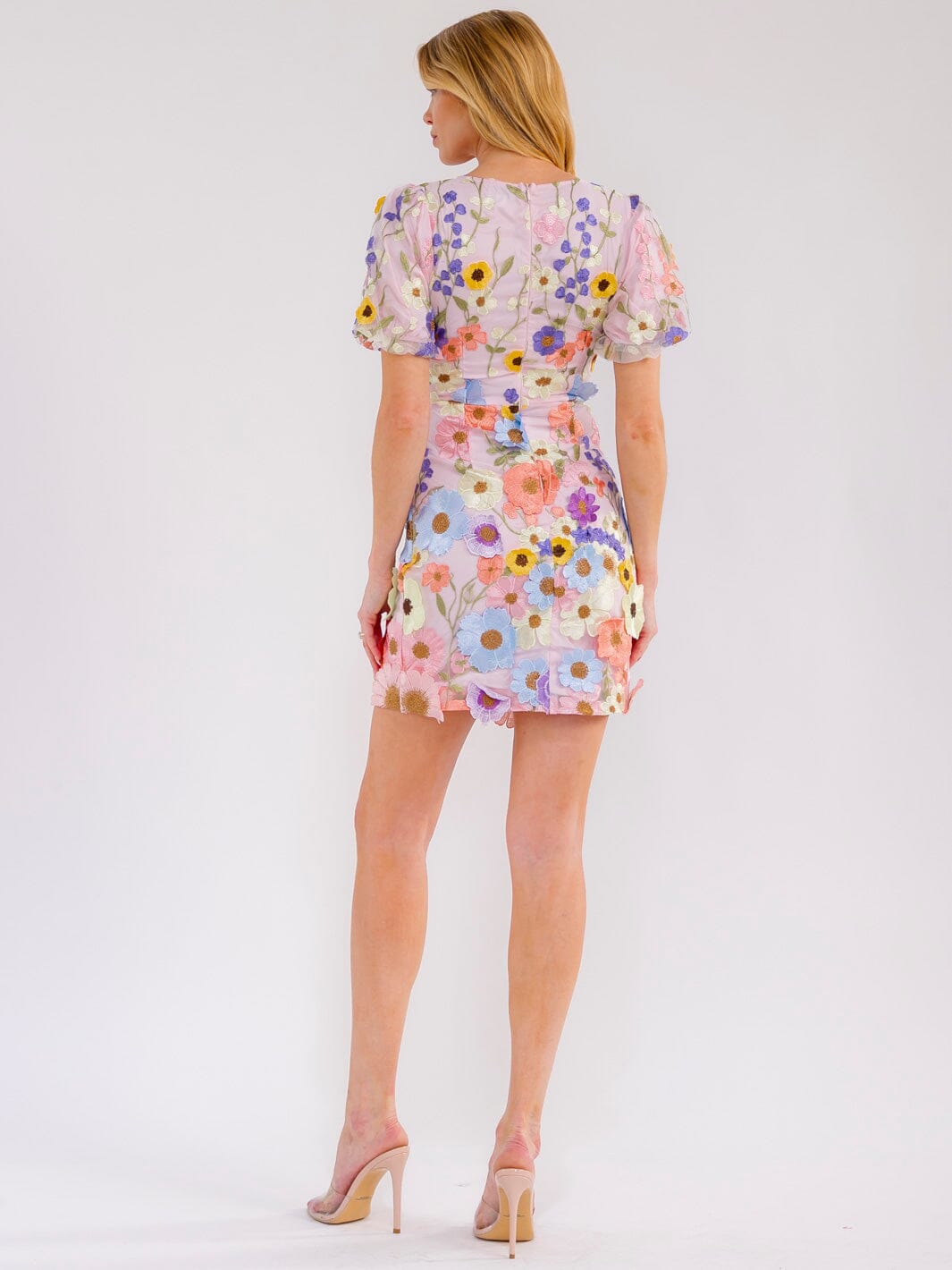 WOMEN'S SHORT PUFF SLEEVE V-NECK MULTI FLORAL BODYCON MINI DRESS