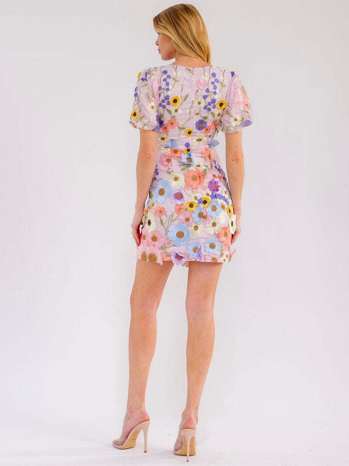 WOMEN'S SHORT PUFF SLEEVE V-NECK MULTI FLORAL BODYCON MINI DRESS